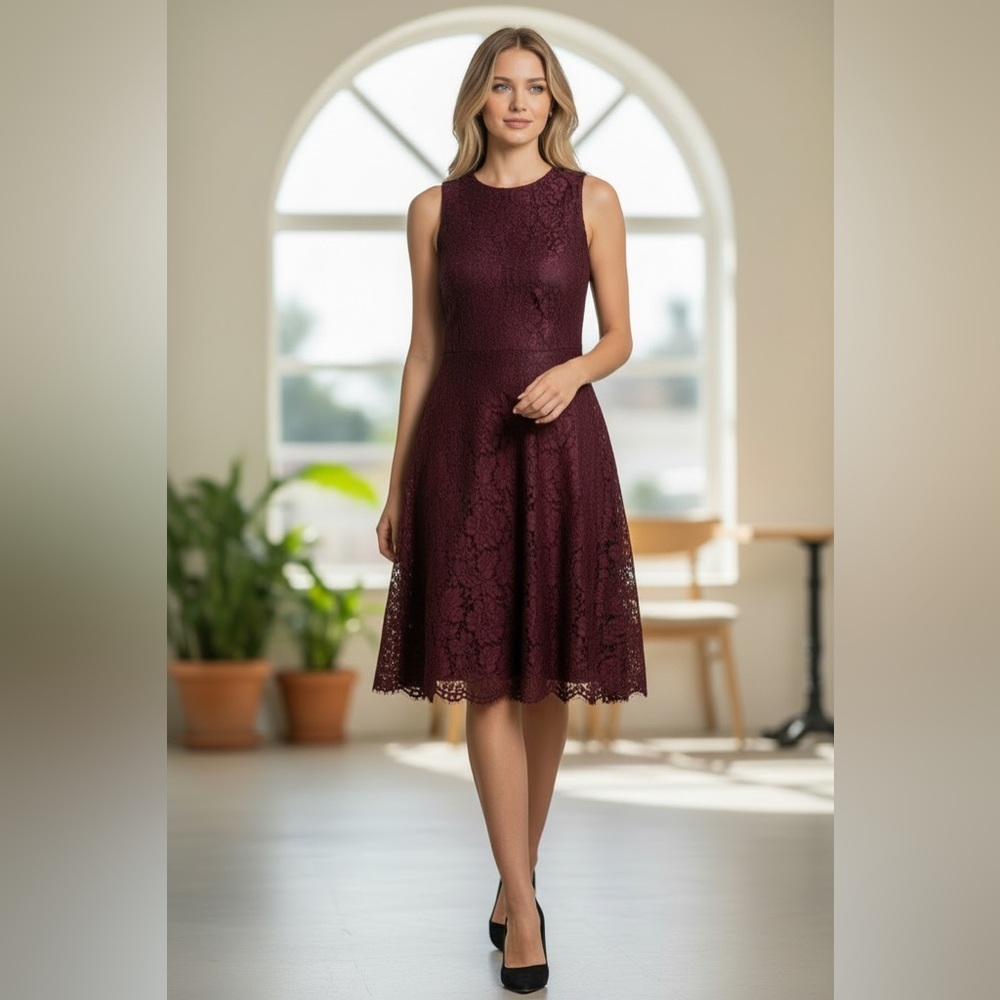 Burgundy Sleeveless Lace Fit-and-Flare Dress